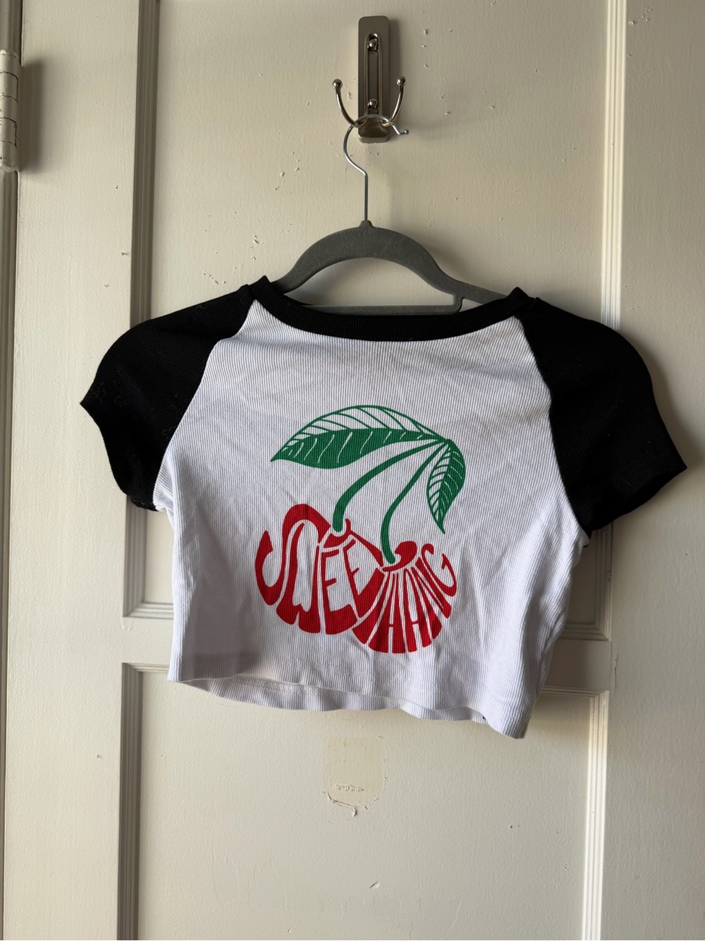 Black & White Sweet Thing Crop Top with Red Cherry Graphic